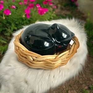 Cat Figurine Cute Small Black Glass Kitty Sleeve in a Wicker Basket Amulet Gift